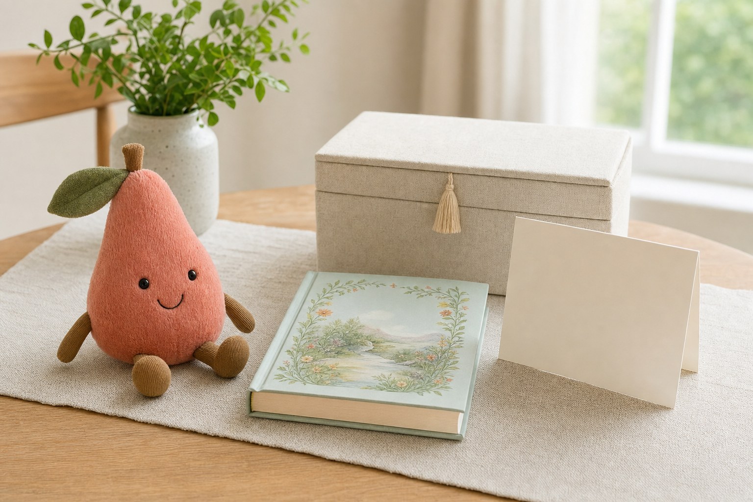 Soft fruit-shaped plush toy, children's book, keepsake box, and blank card arranged as a simple baptism gift