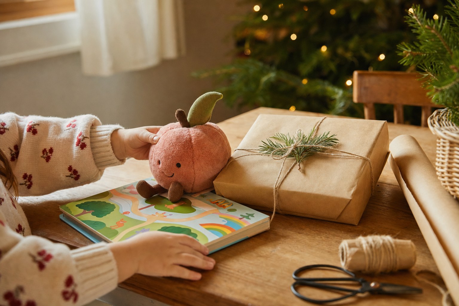 Child's hands choosing a colorful plush toy and children's activity book beside a wrapped Christmas gift