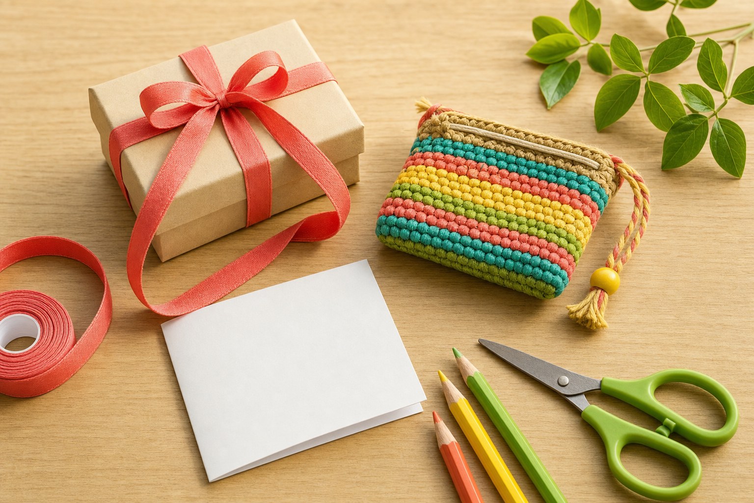 Wrapped children's gift, colorful woven pouch, blank card, ribbon, pencils, and scissors on a wood table