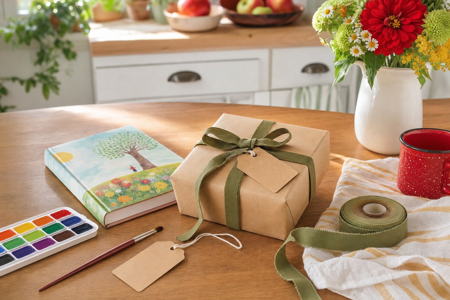 Wrapped children's gift, picture book, paint set, and ribbon on a warm kitchen table
