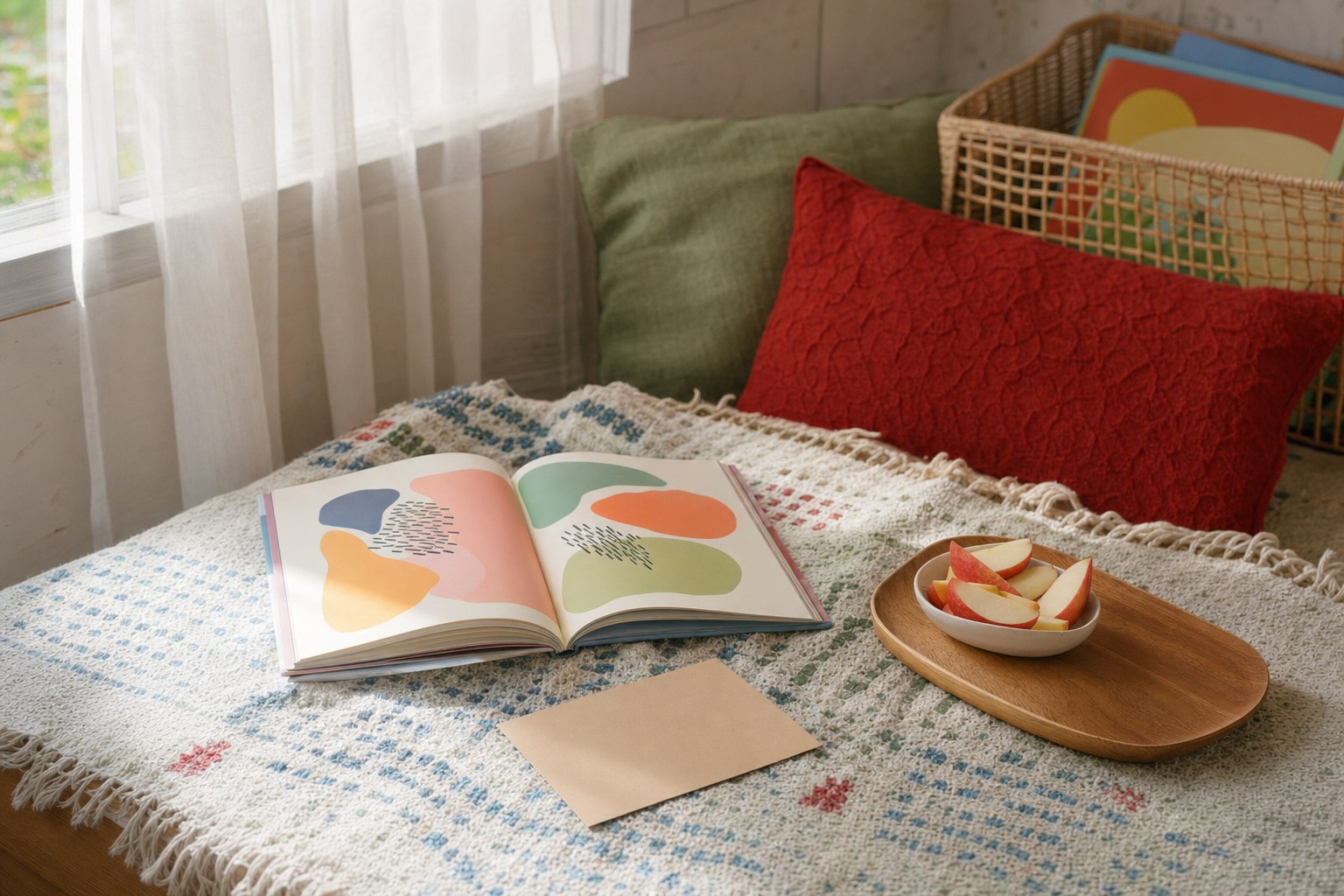 Open children's picture book, apple slices, a blank card, and a woven blanket in a cozy reading corner