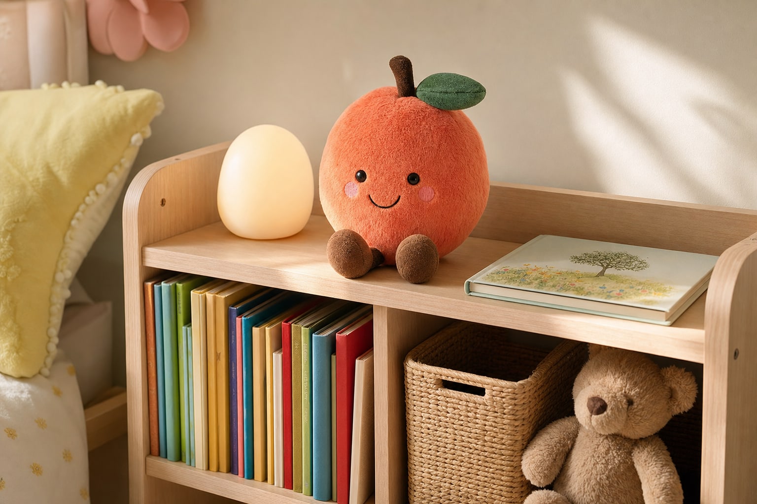 Fruit-shaped plush toy on a child's bookshelf beside a night light and colorful books