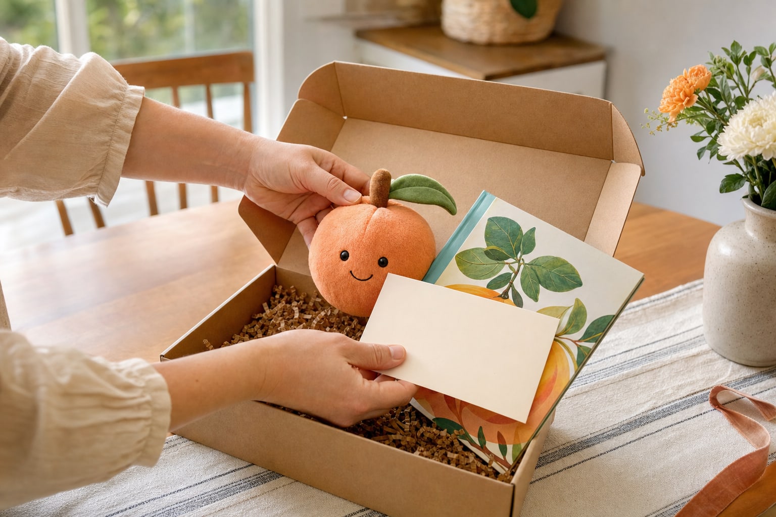Hands placing a fruit-shaped plush toy, picture book, and blank card into a kraft gift box