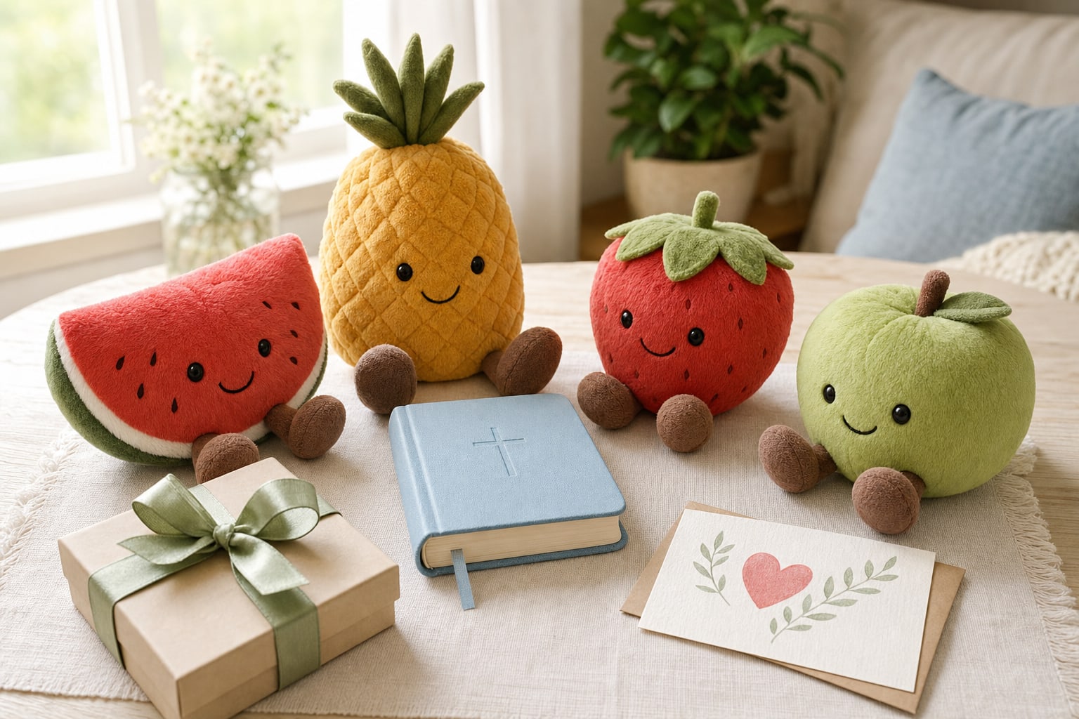 Cheerful fruit-shaped plush toys, a gift box, and a children's Bible arranged on a table