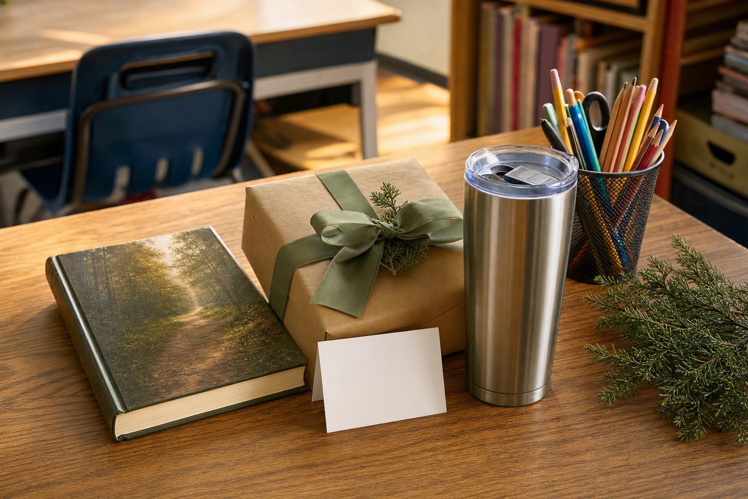Wrapped teacher gift, book, tumbler, pencils, and blank thank-you card on a classroom desk