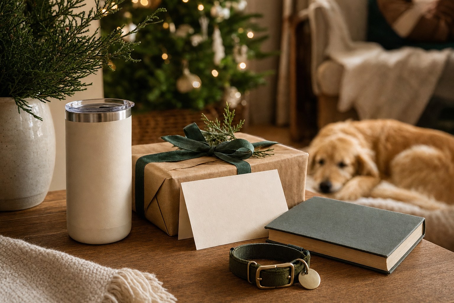Wrapped Christmas gift, blank card, tumbler, book, dog collar, and golden dog beside a softly lit tree