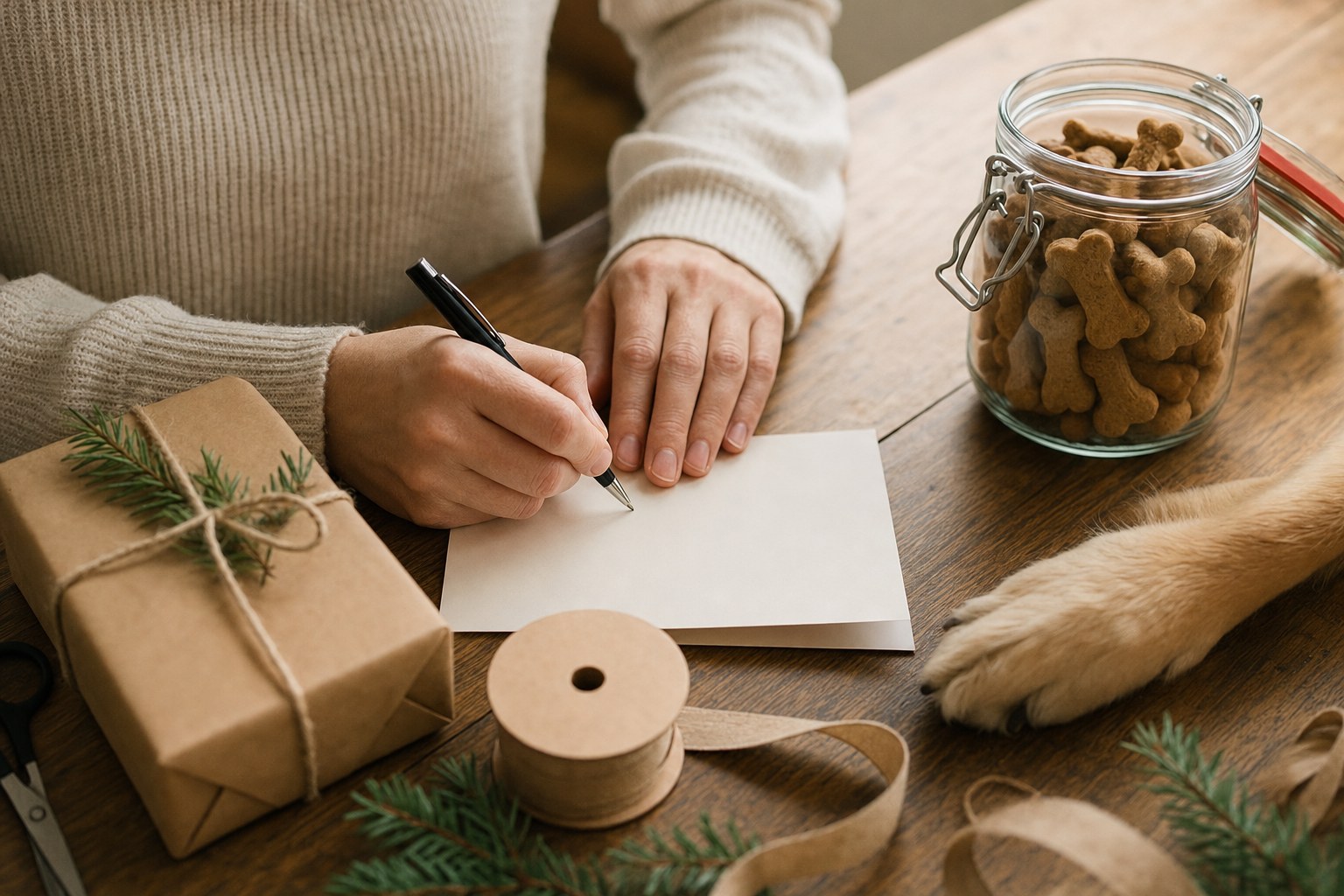 Adult writing a card beside a wrapped Christmas gift, dog treats, evergreen, and a dog’s paw