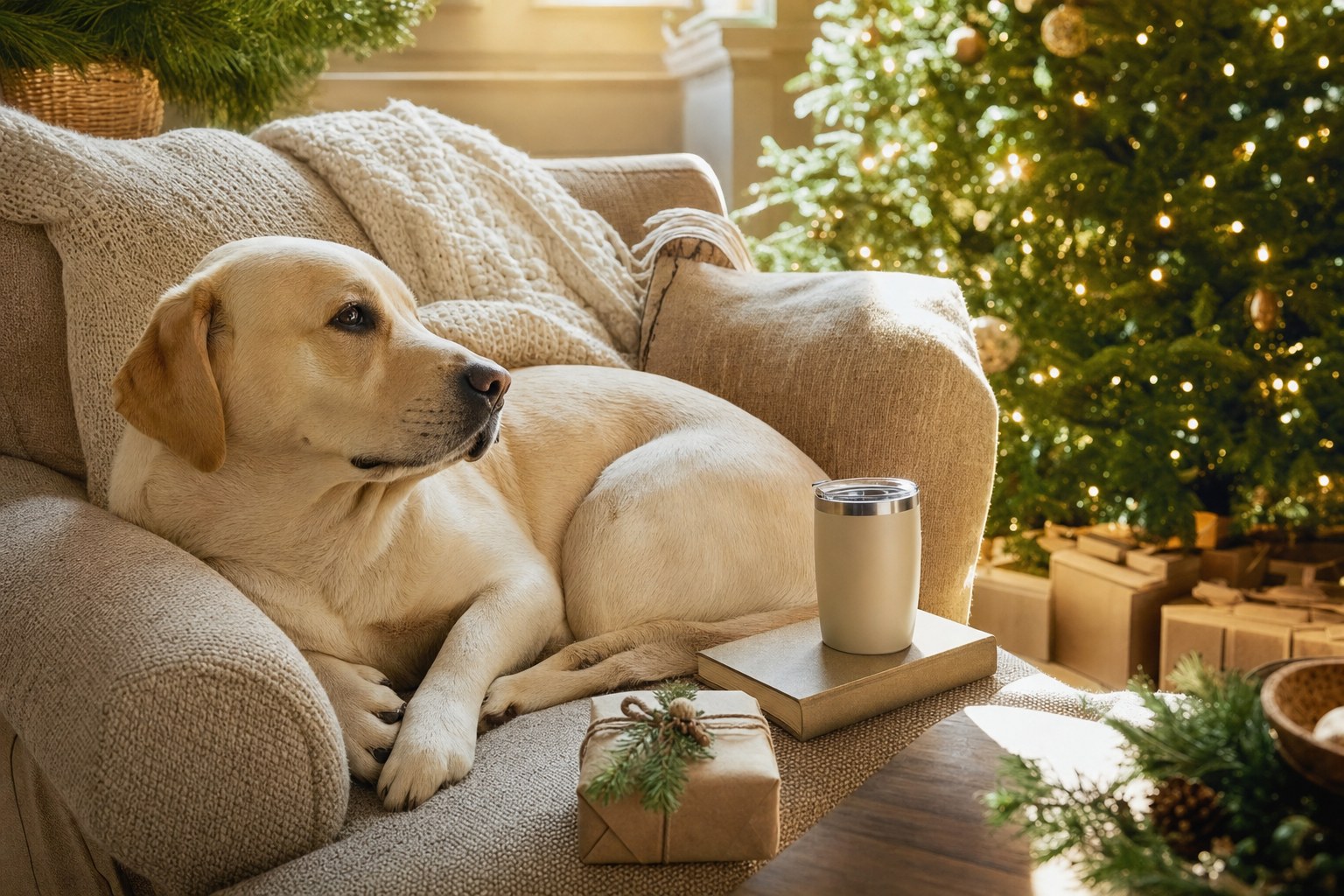 Relaxed Labrador-type dog on a cozy chair beside an unbranded tumbler, book, wrapped gift, and Christmas tree