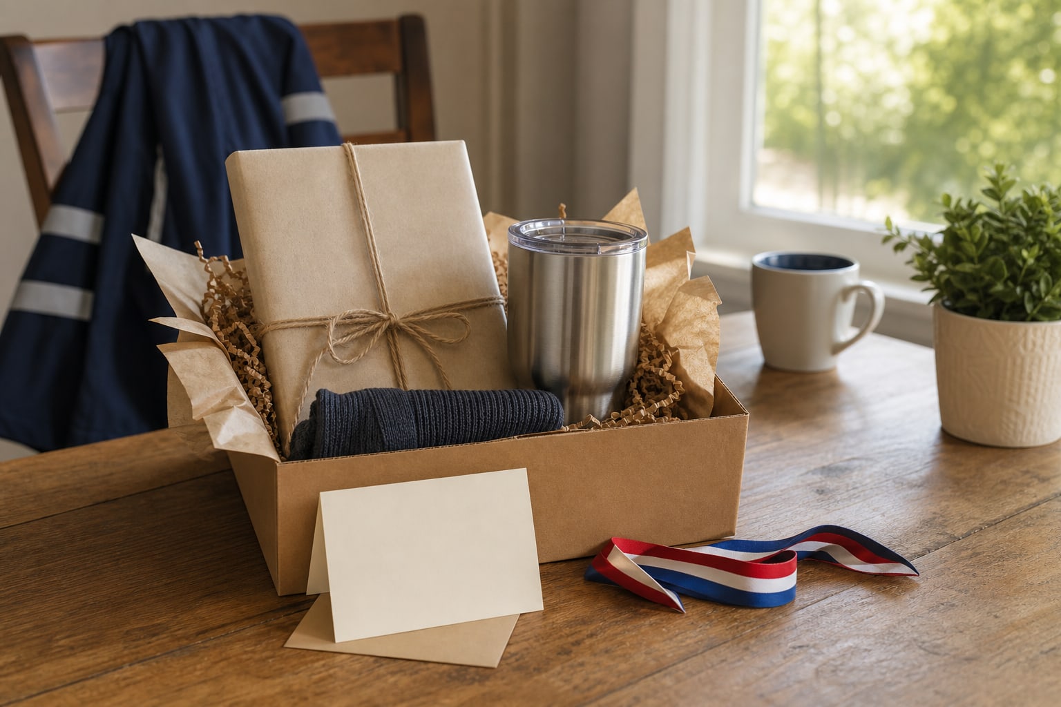Thoughtful gift box with a wrapped book, stainless tumbler, blank card, and red white and blue ribbon