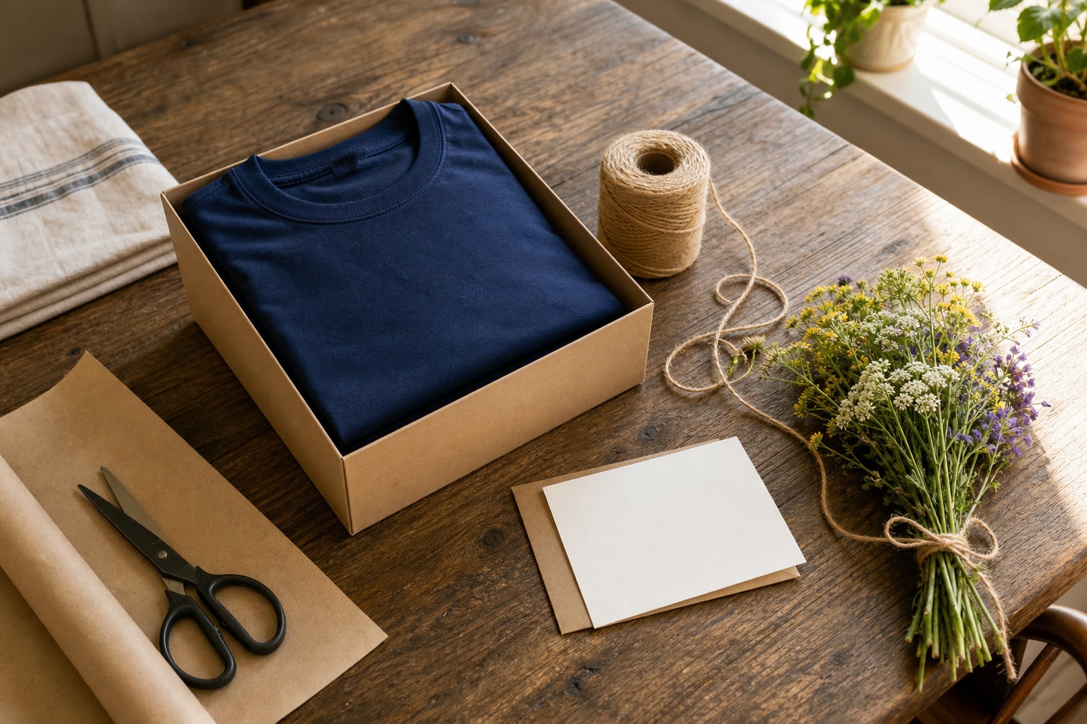 Folded navy shirt in a gift box with a blank card, wrapping supplies, and wildflowers on a wood table