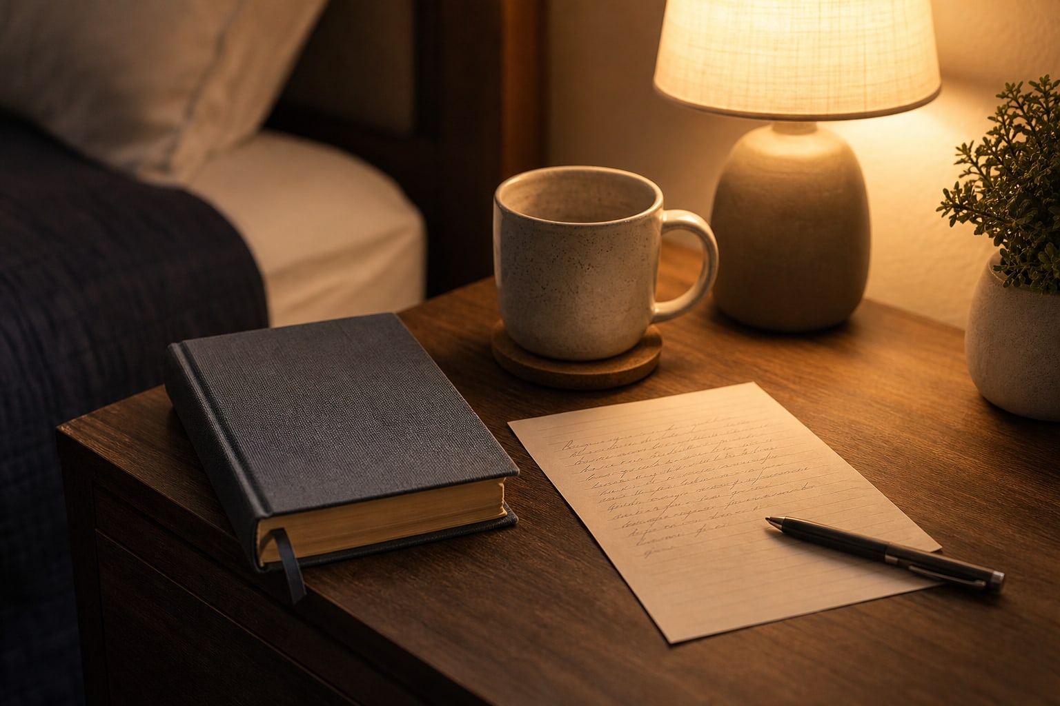 Book, ceramic mug, and handwritten note beside a bedside lamp for a quiet evening at home