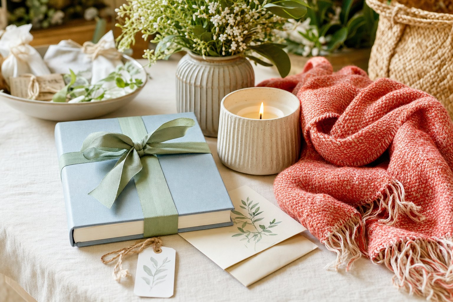 Thoughtful gifts including a wrapped book, candle, scarf, and card