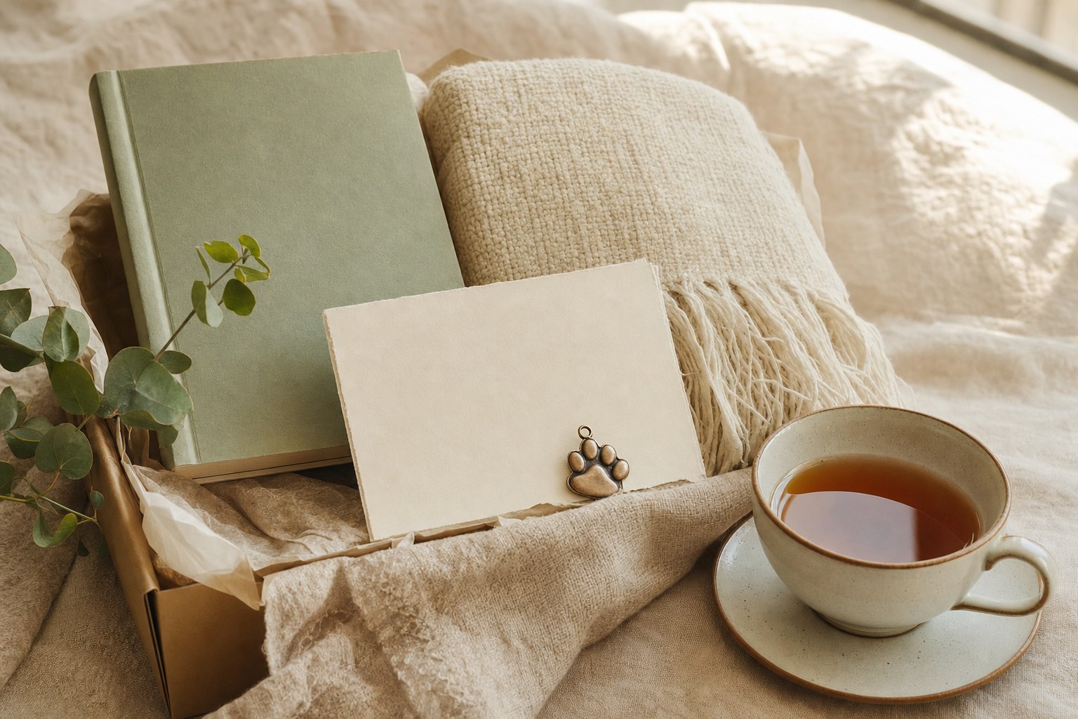 Comfort book, folded throw, blank card, paw-print charm, and cup of tea arranged as a gentle care package