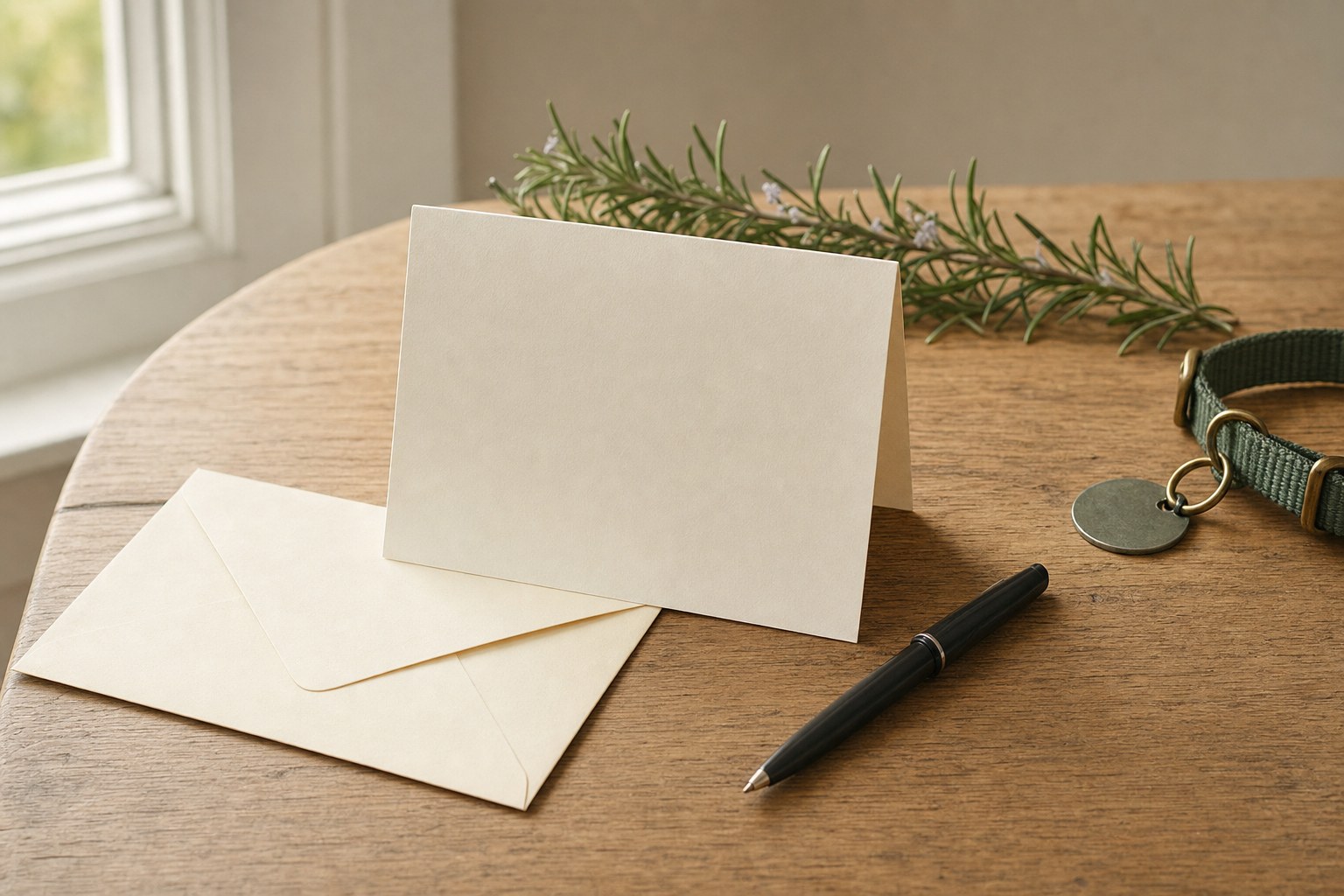 Blank sympathy card, envelope, pen, dog collar tag, and rosemary on a wood table