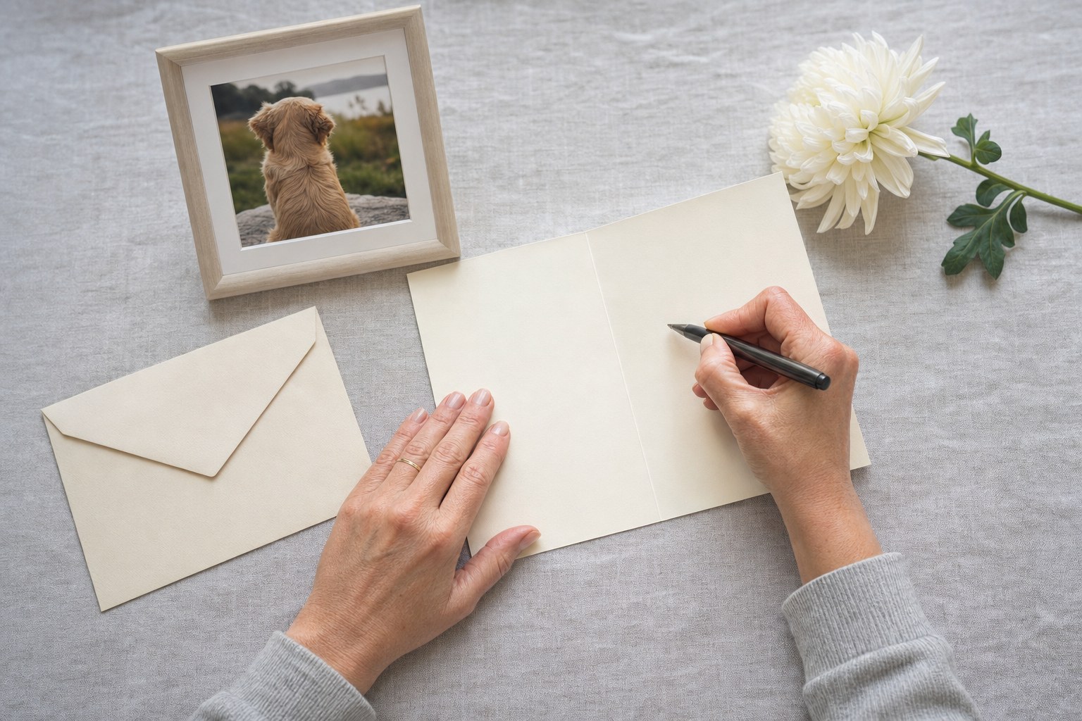 Person writing inside a blank sympathy card beside a framed dog photo and white flower