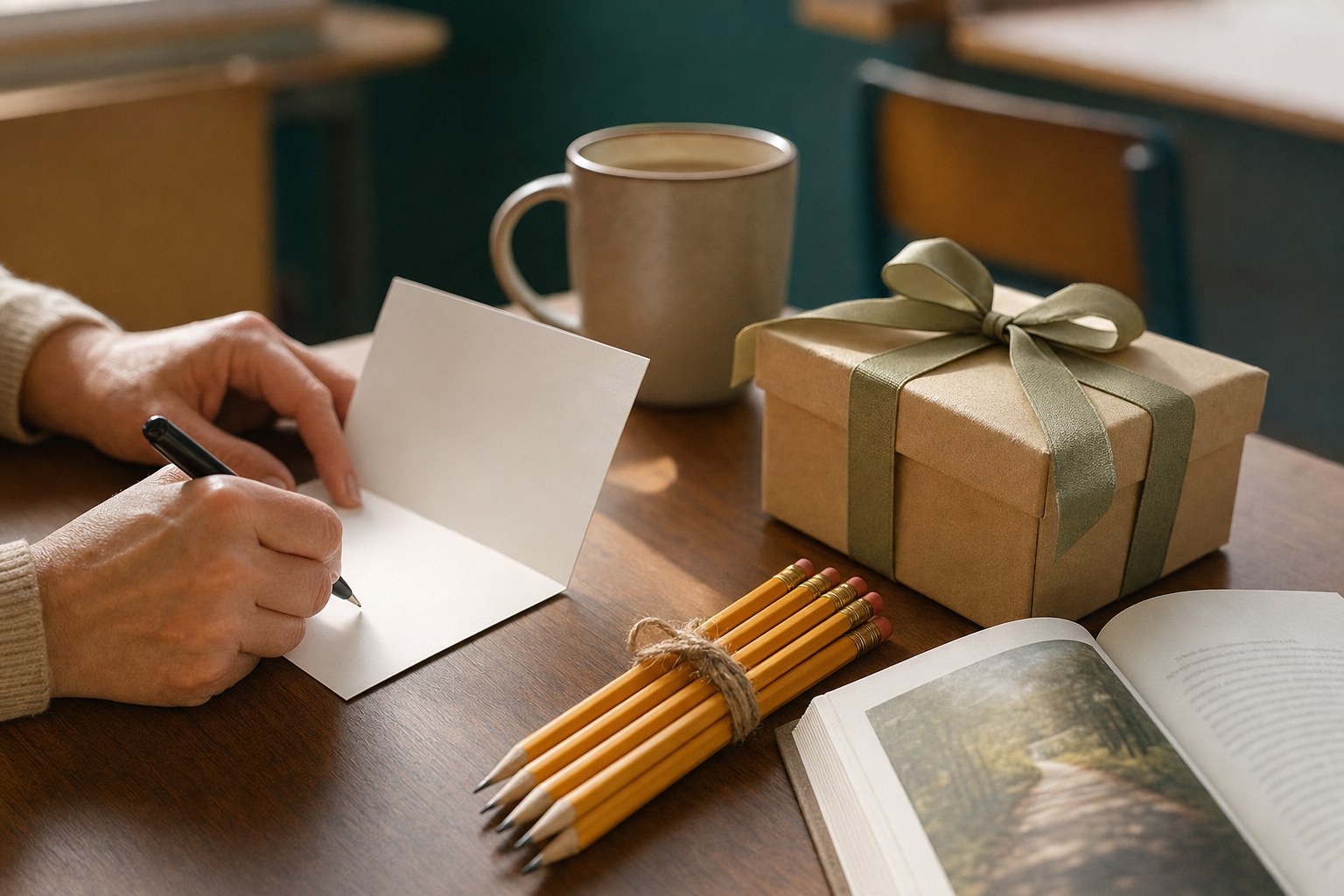 Handwriting a thank-you card beside a wrapped teacher gift, pencils, and a book