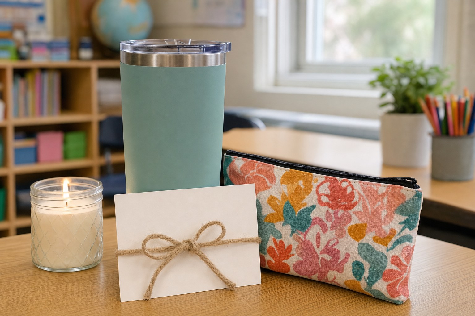 Teacher appreciation gift pairing with an insulated tumbler, pencil pouch, candle, card, and ribbon