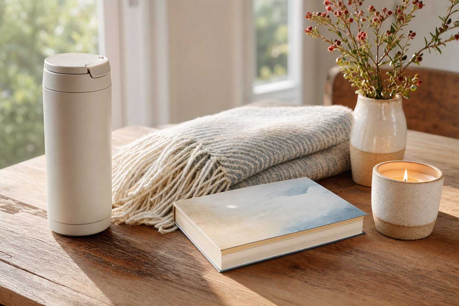 Travel mug, folded blanket, candle, and book arranged as cozy everyday gifts