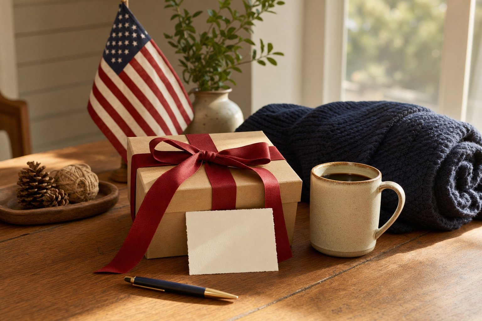 Wrapped gift, coffee mug, navy blanket, and small American flag on a wood table
