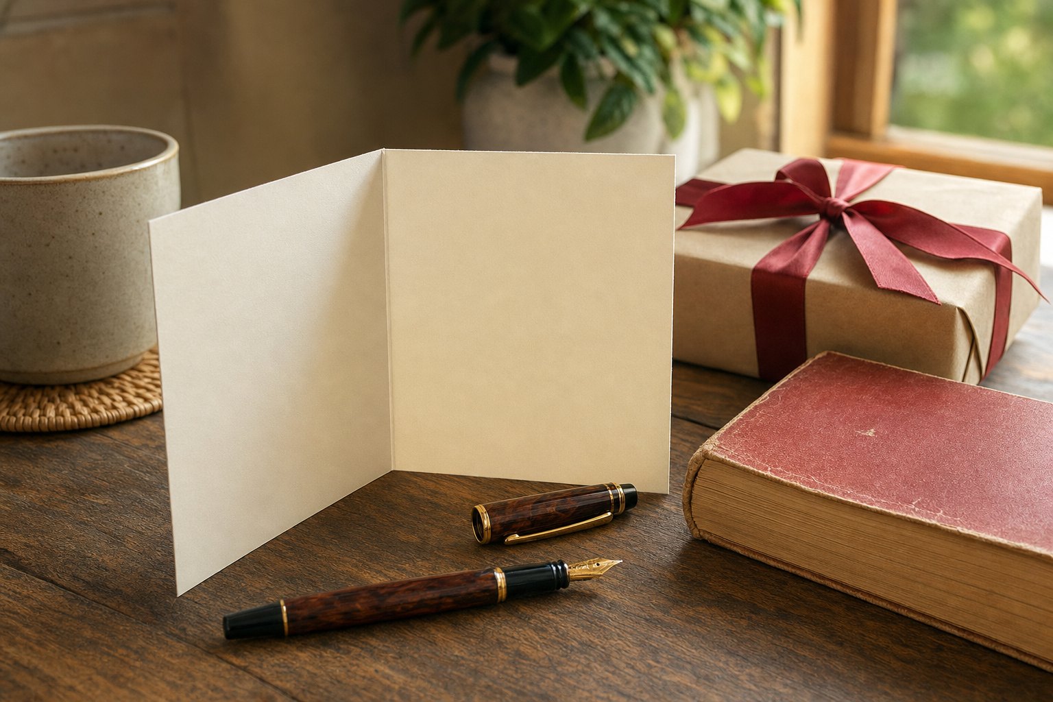 Blank greeting card, fountain pen, book, coffee mug, and wrapped gift on a wood table