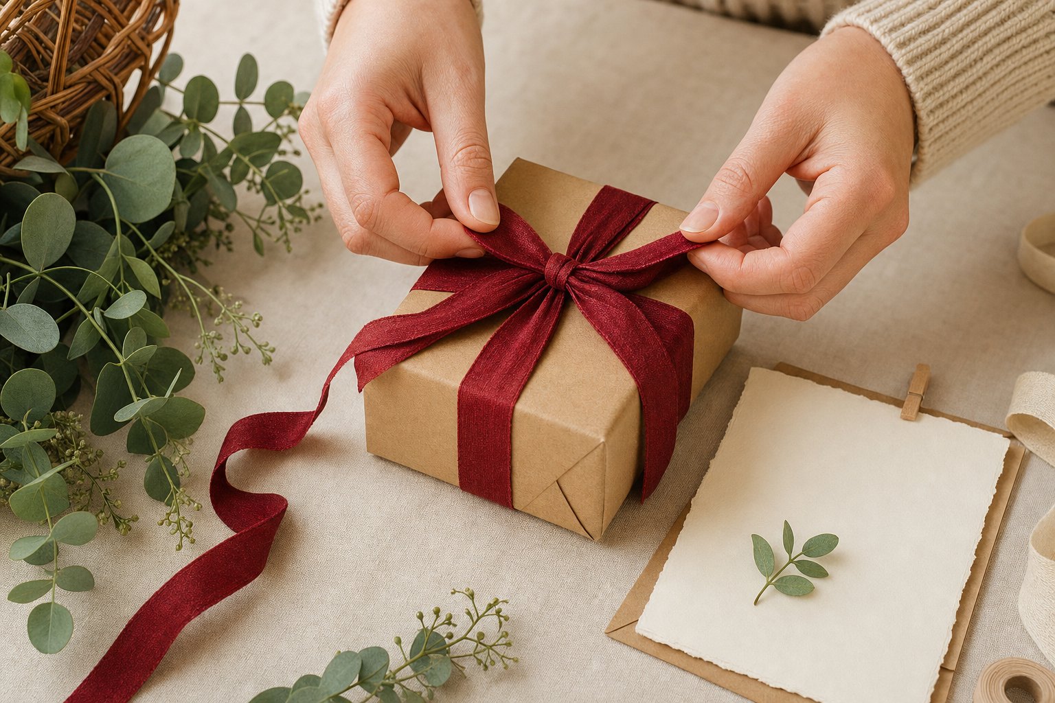 Hands tying a deep-red ribbon around a kraft gift box beside a blank card
