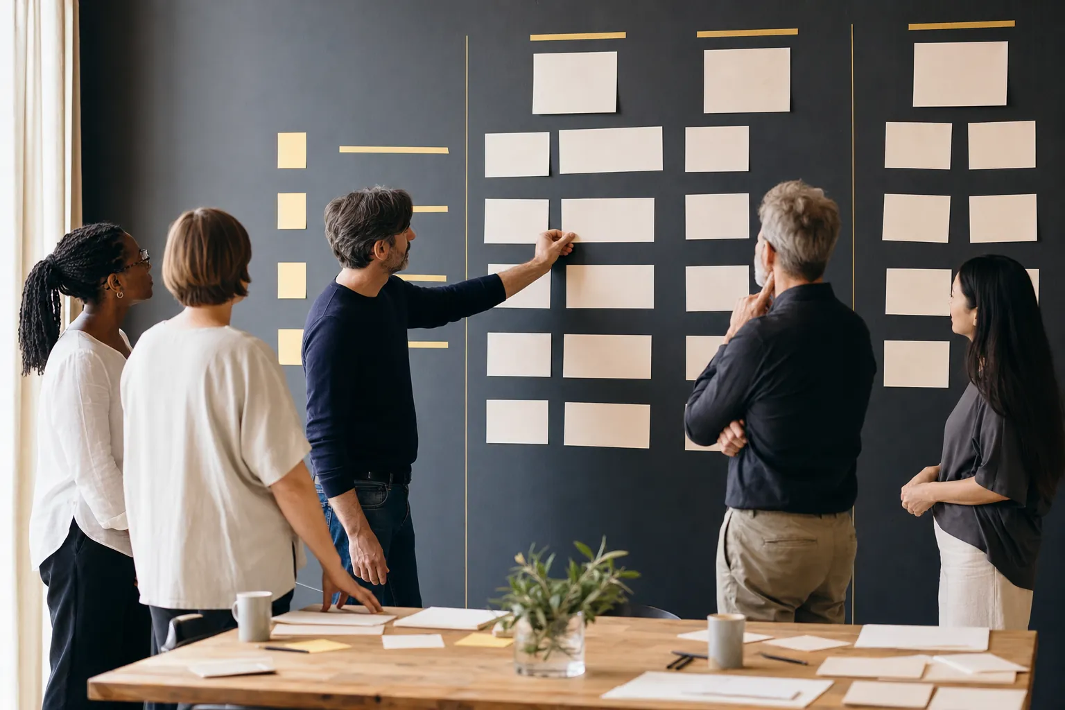 A team organizing blank planning cards on a wall