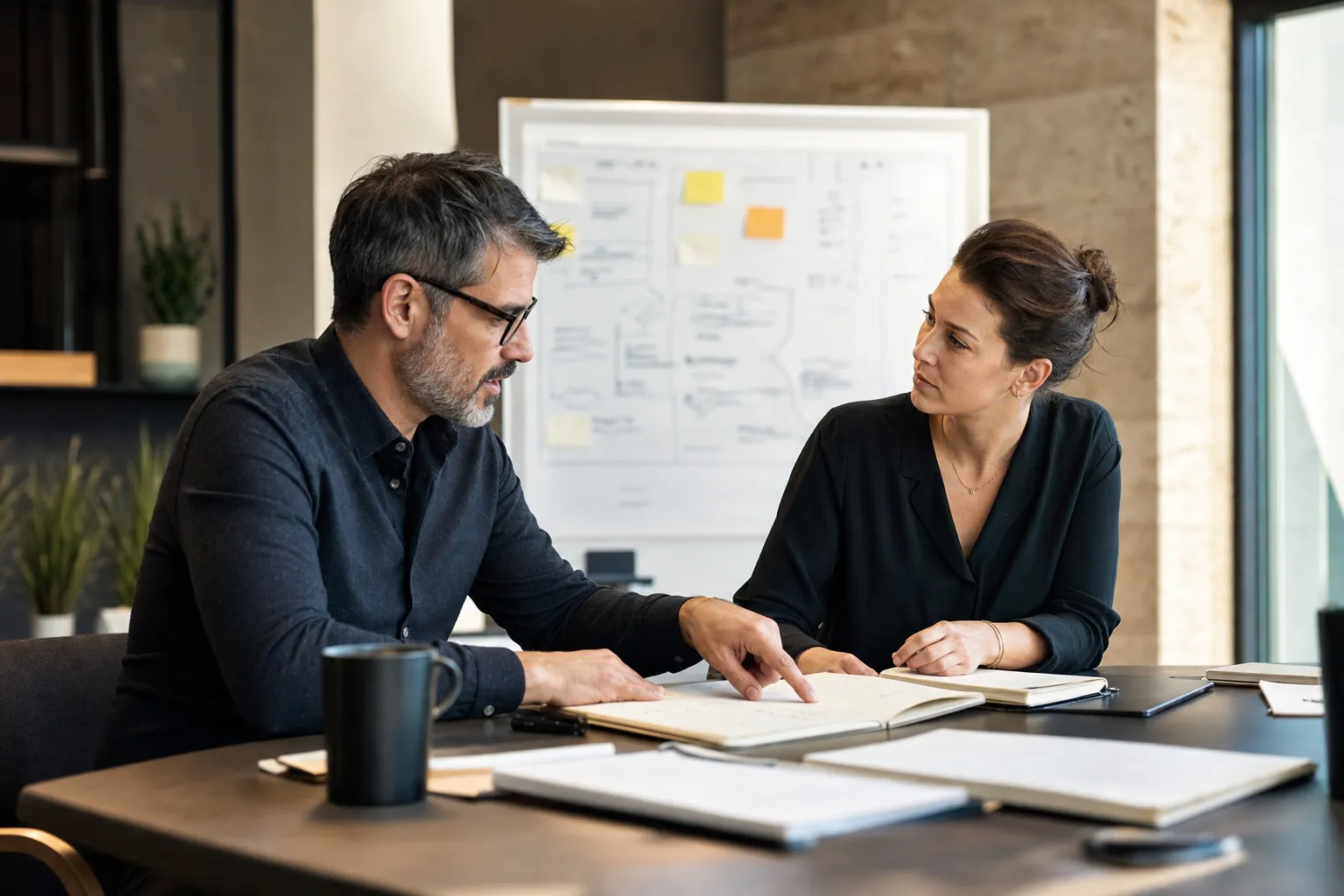 Two leaders reviewing priorities during a focused working session