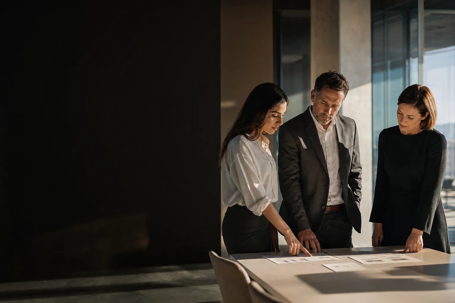 Three business leaders reviewing a report together