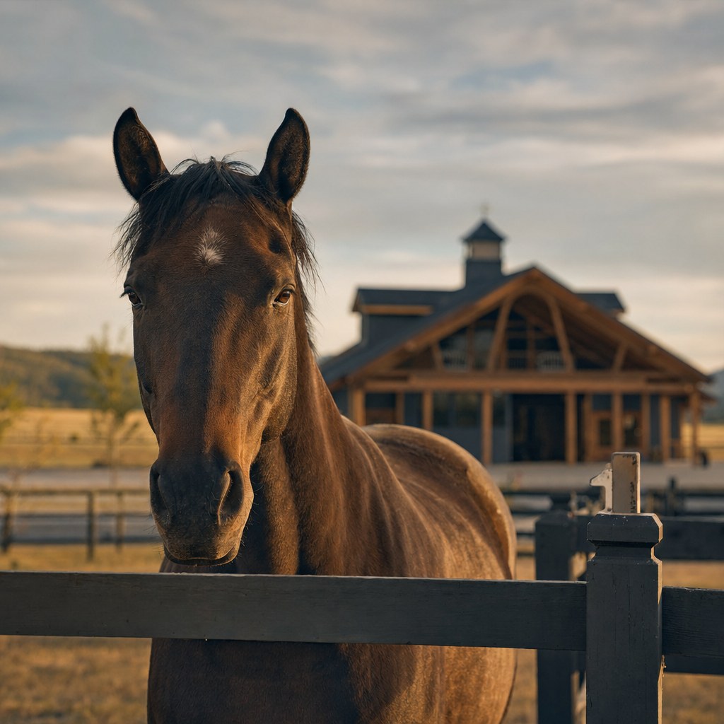 Dark horse at a rail fence near a Colorado barn