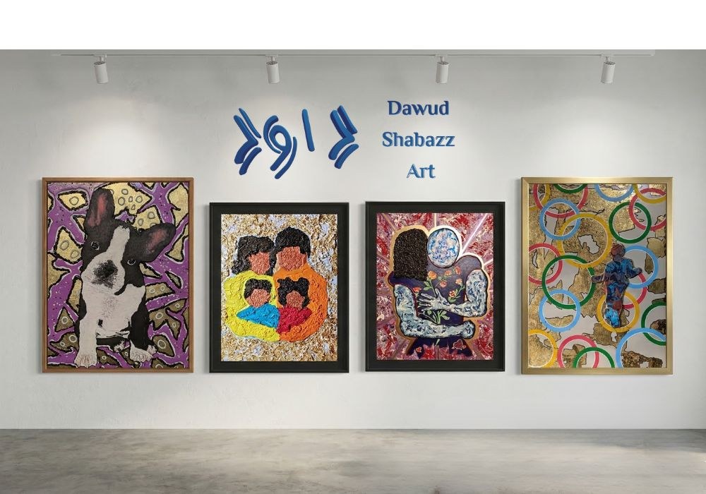 Textured abstract artwork by Dawud Shabazz in blue, gold and rust