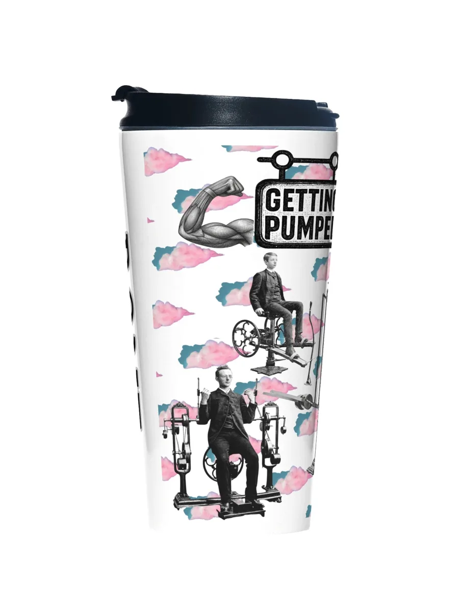 Getting Pumped Vintage Fitness Collage Travel Mug product artwork