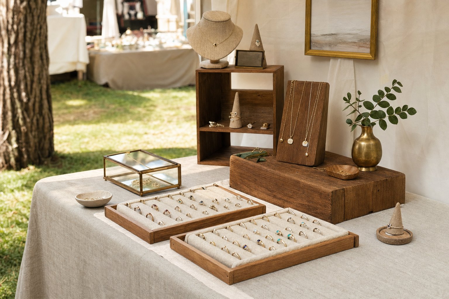 Craft show jewelry display with warm wood risers and ring trays
