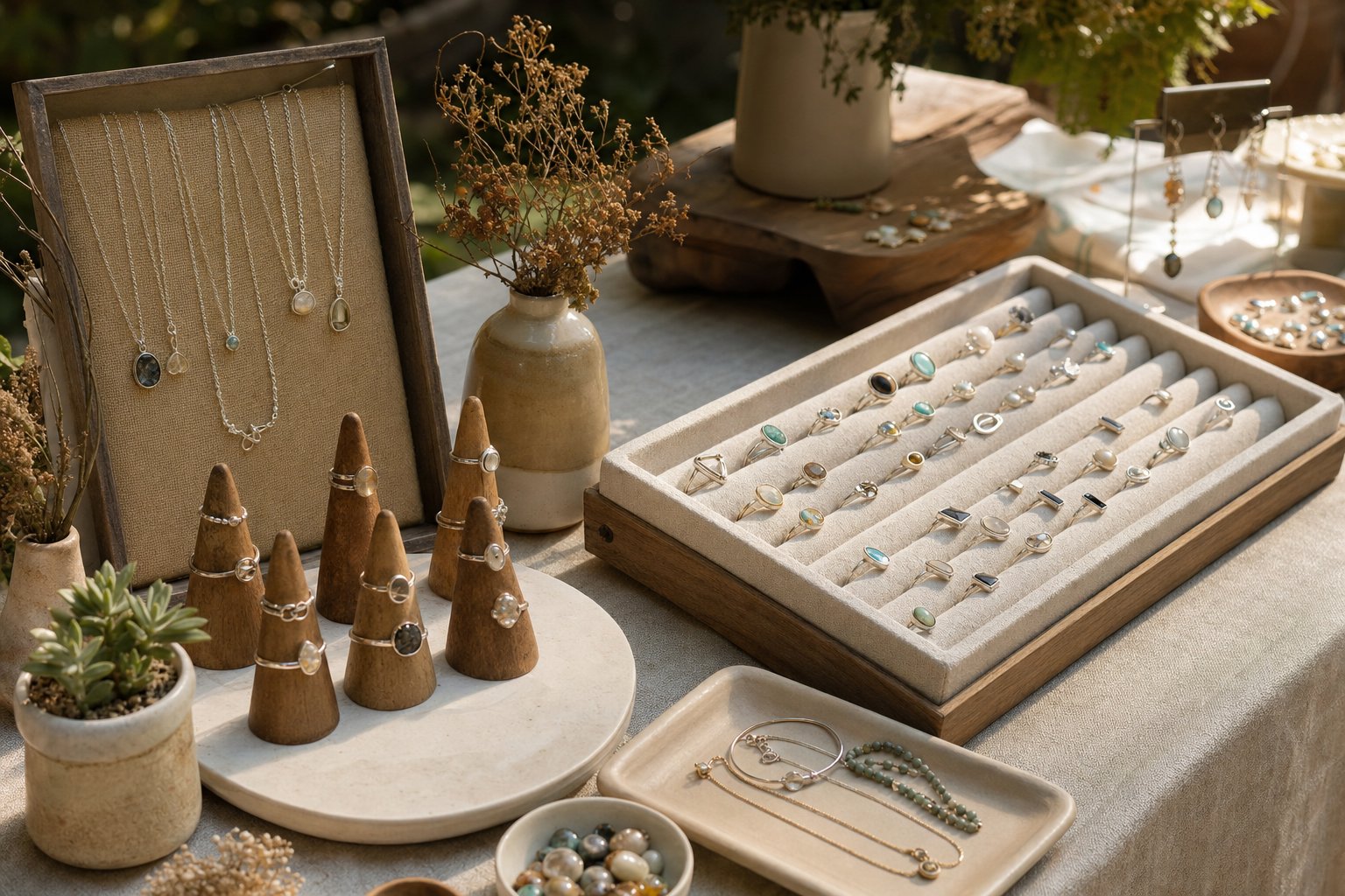 Compact craft show jewelry display with an easy browsing path