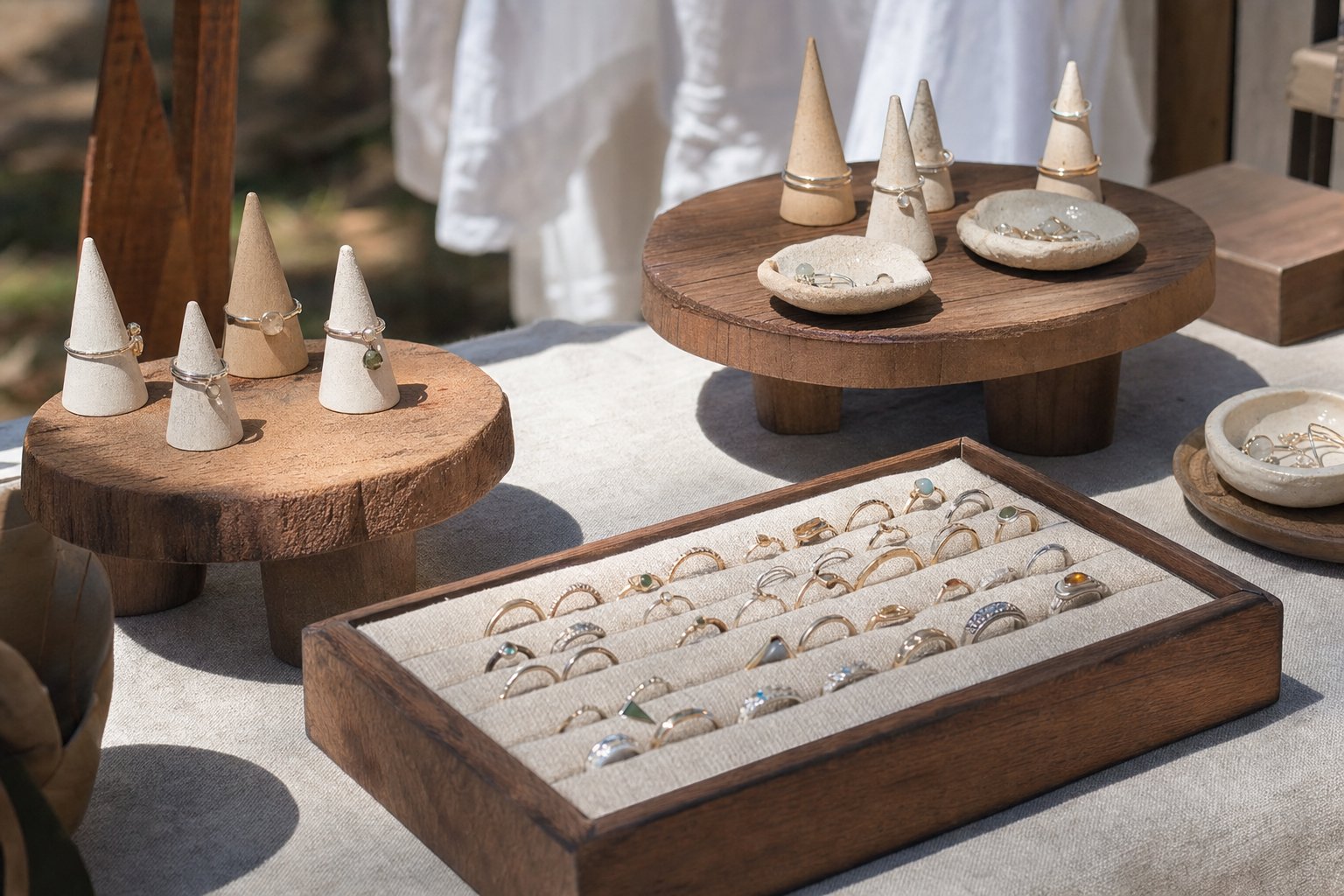 Small jewelry displays arranged at different heights on a market table