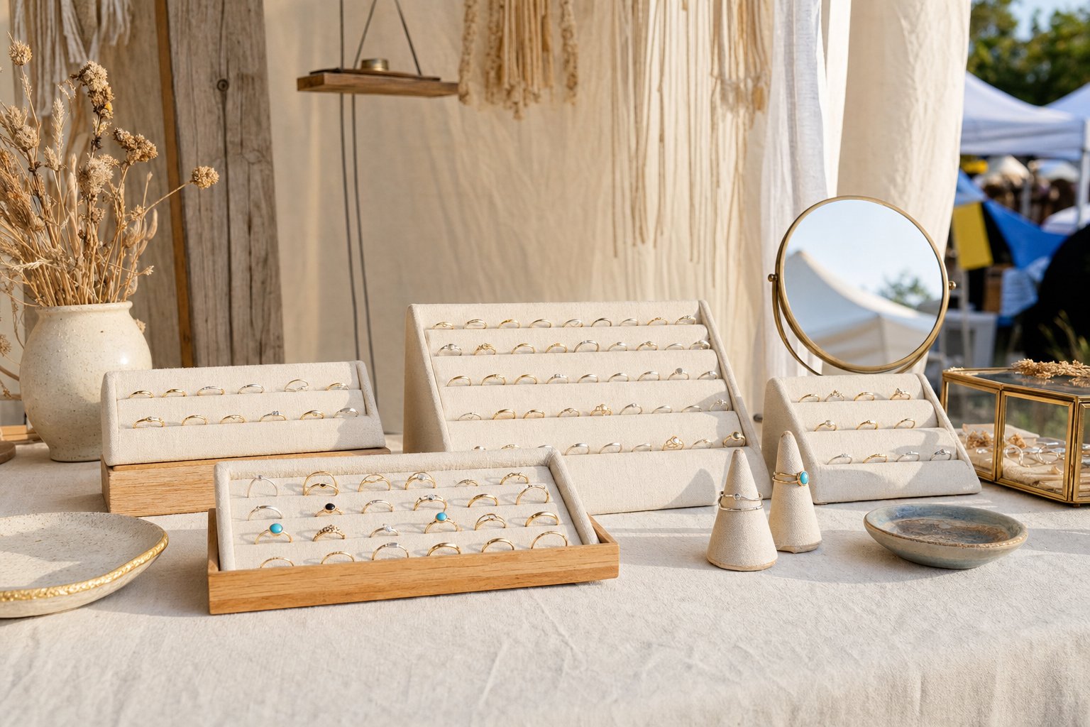Jewelry display arranged at an outdoor craft show booth