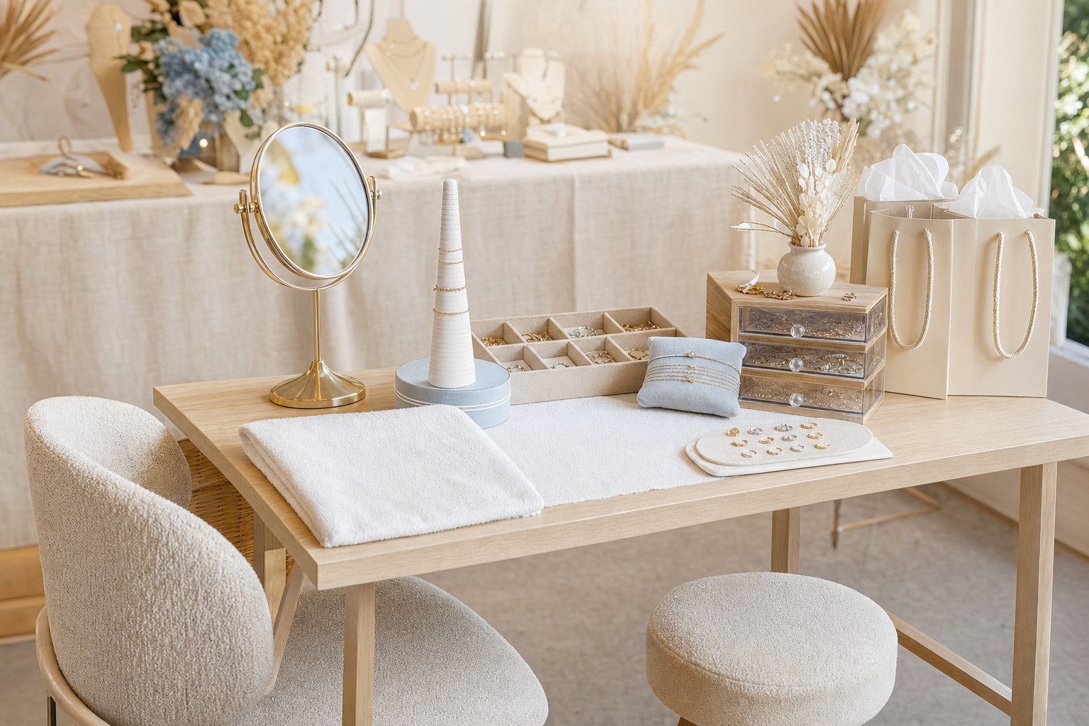 Organized jewelry fitting station with display tools and storage