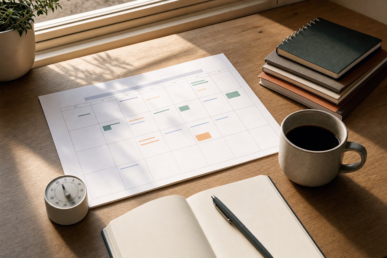 Content planning calendar, notebooks, and timer on a sunny desk