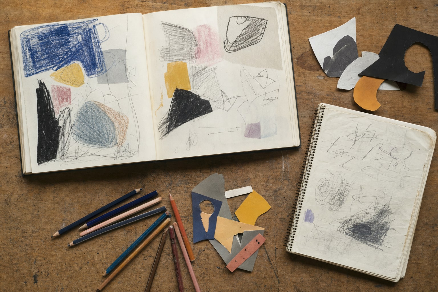 Open sketchbook with rough abstract studies, colored pencils, and cut paper shapes