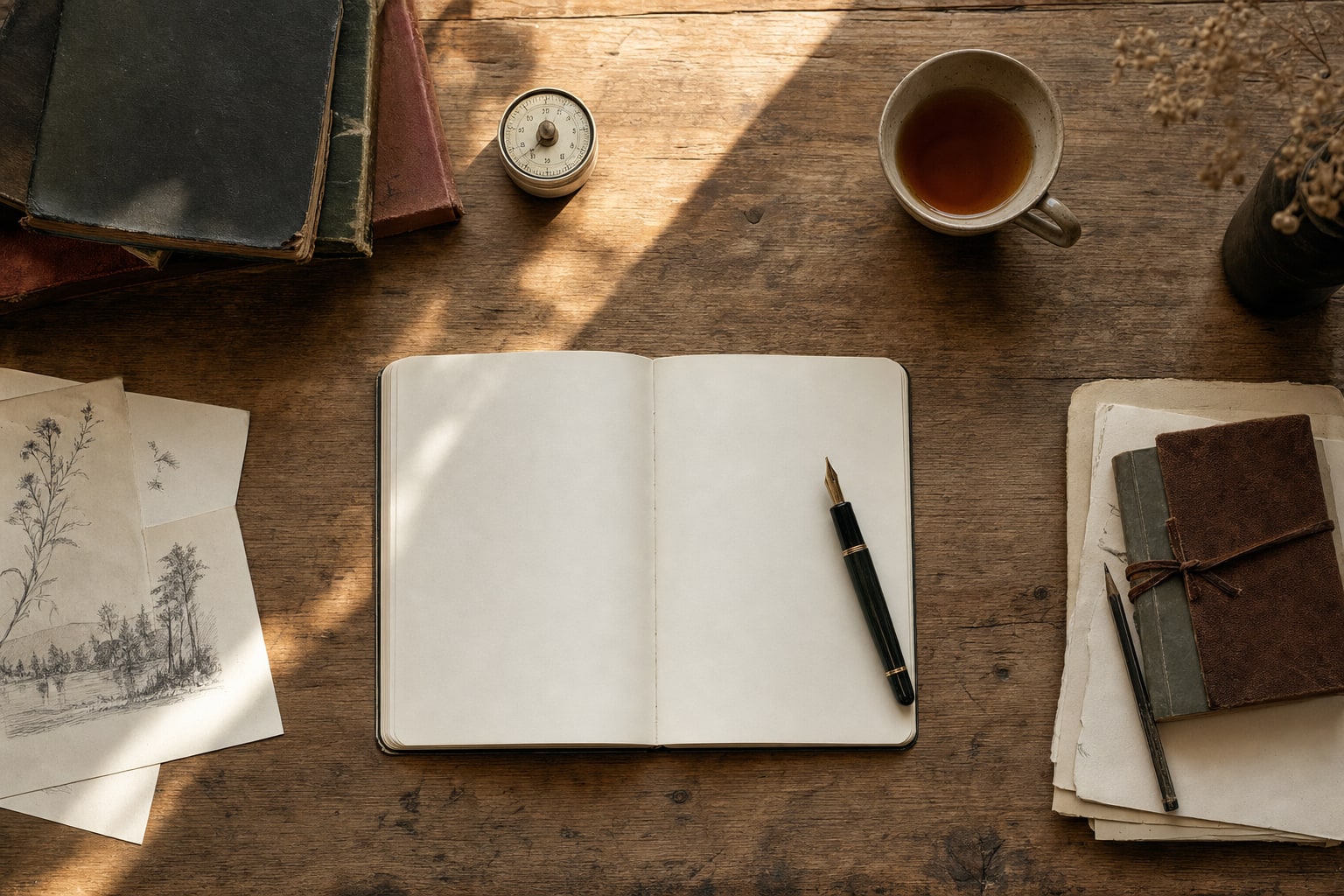 Open notebook, fountain pen, books, and tea on a sunlit wooden desk
