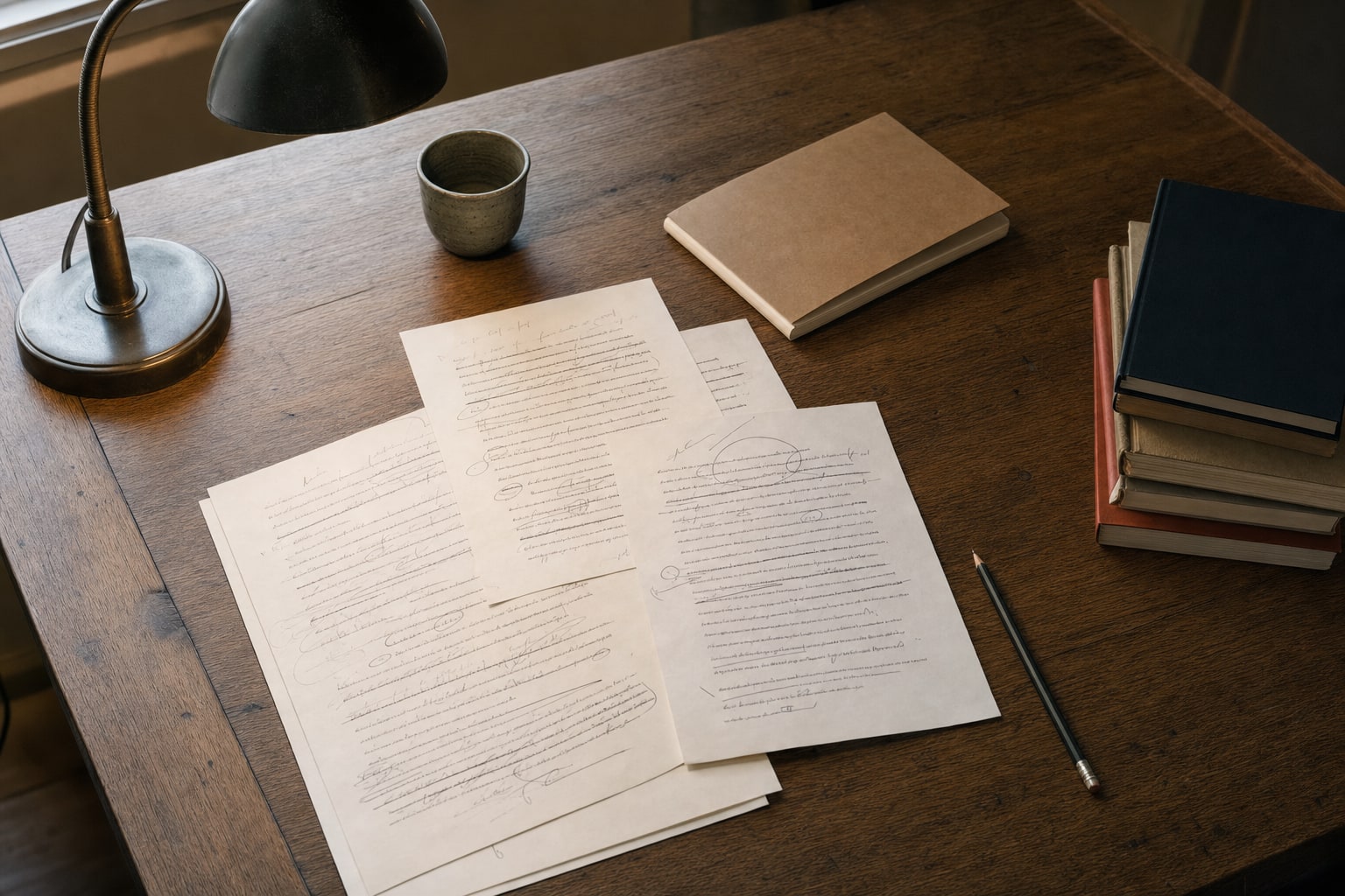 Marked manuscript pages, books, pencil, and desk lamp on a wooden table