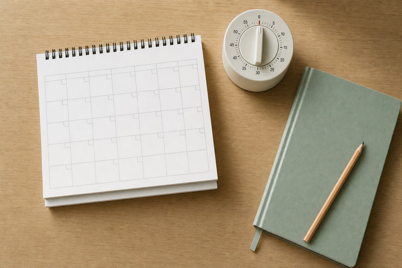 Blank paper calendar, analog timer, pencil, and green notebook on a wood desk