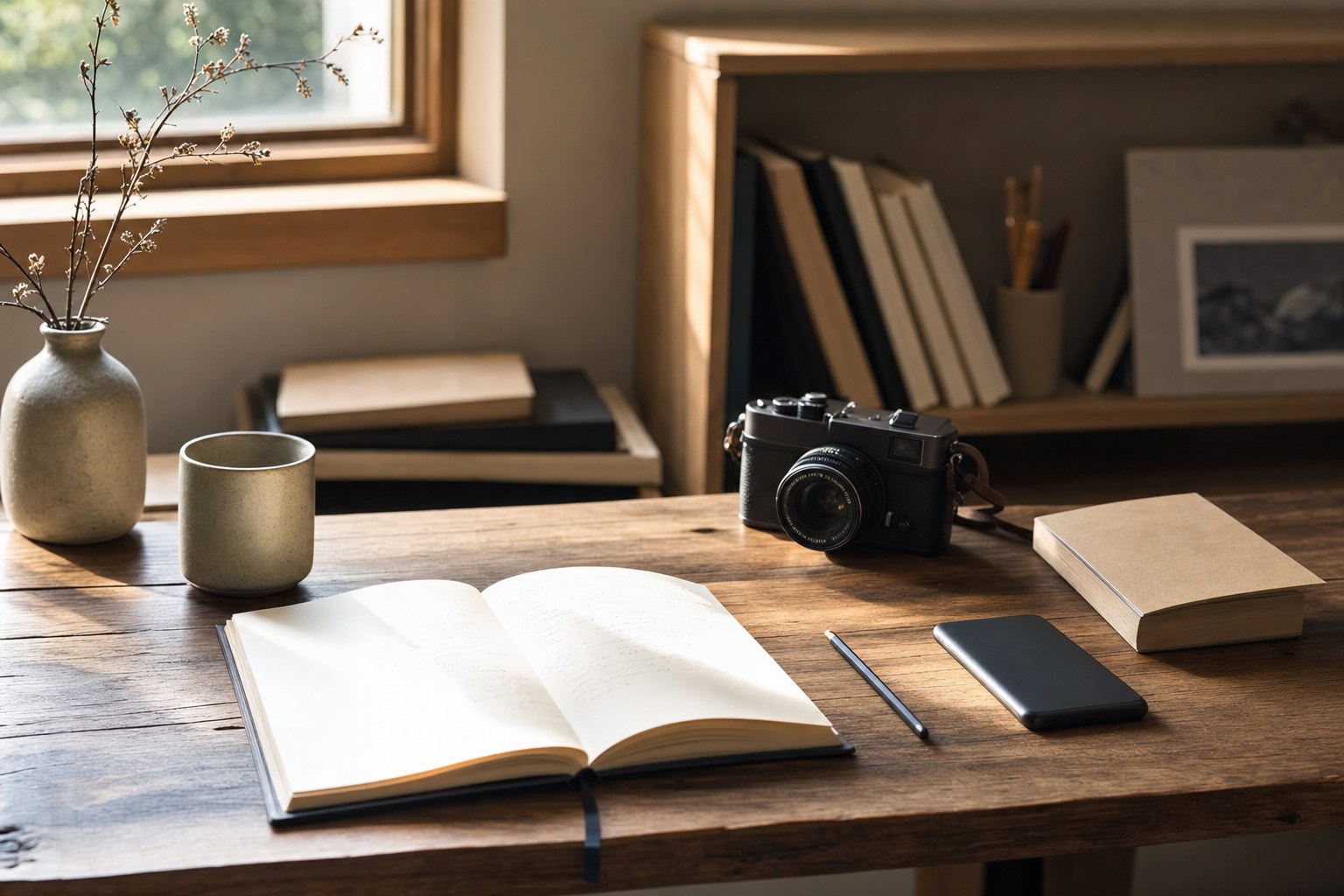 Writer's desk with books, camera, and open notebook in morning light