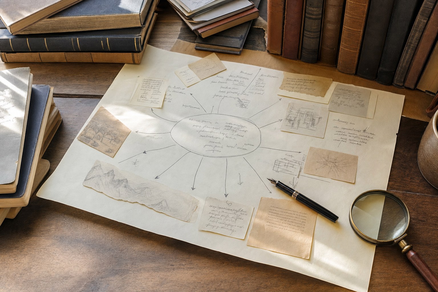 Notes and books arranged around a hand-drawn idea map