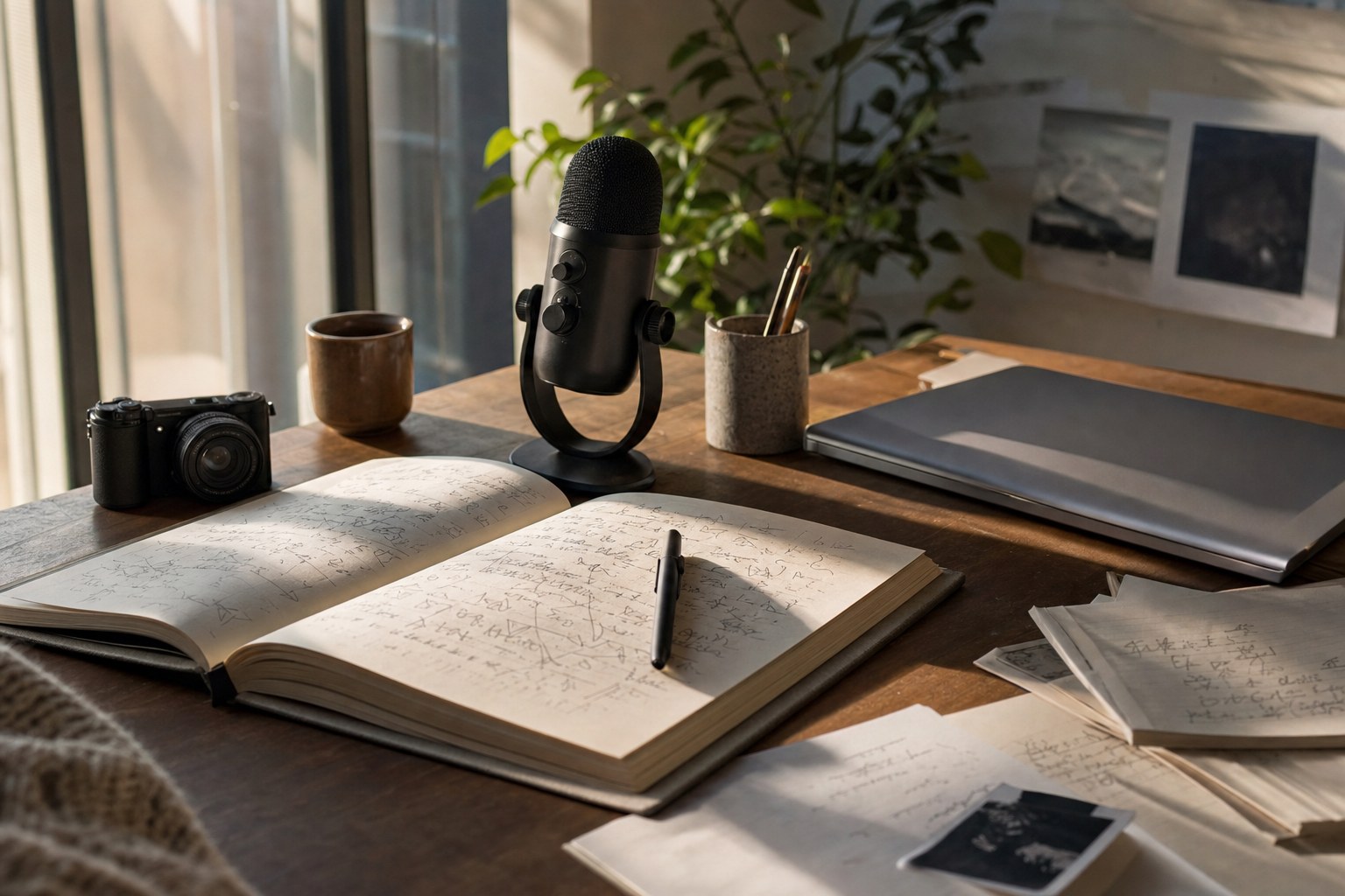Microphone, camera, notebook, and laptop on a creator's desk