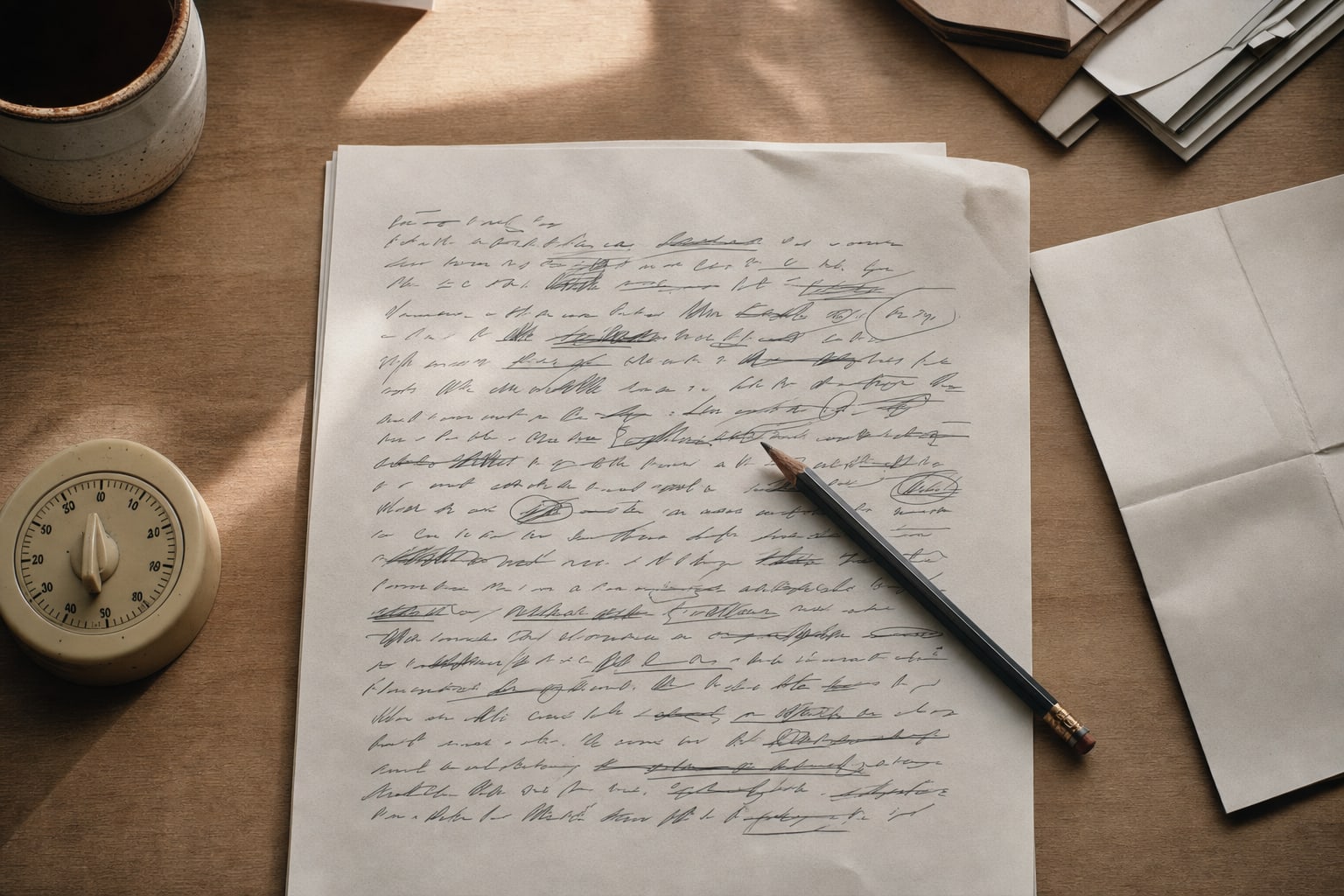 Rough handwritten draft, pencil, timer, and folded paper on a desk