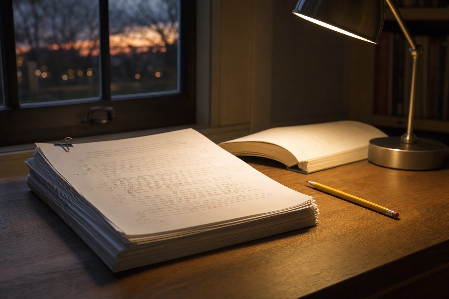 Manuscript pages, pencil, open book, and desk lamp on a wooden desk at dusk