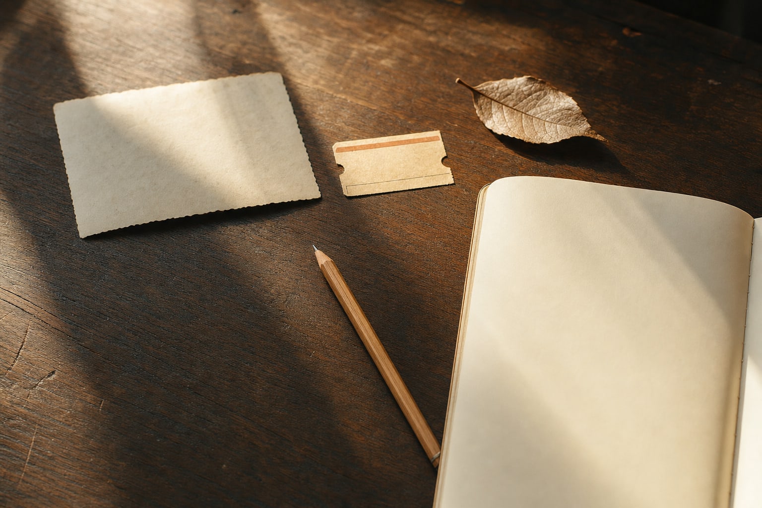 Blank notebook, pencil, paper, ticket, and leaf arranged on a wood desk