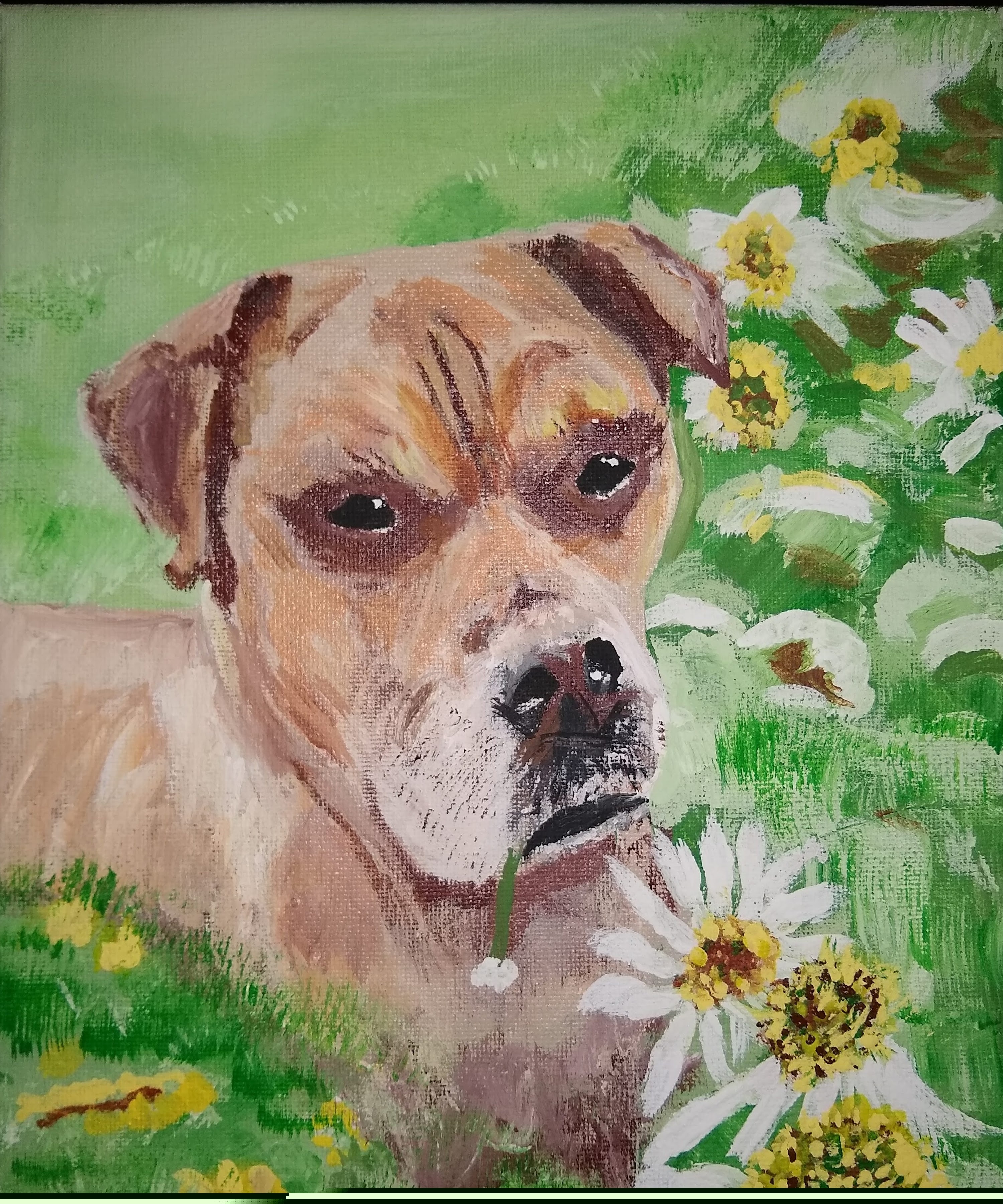 Puppy in the Petunias painting by Bryan M. Powell