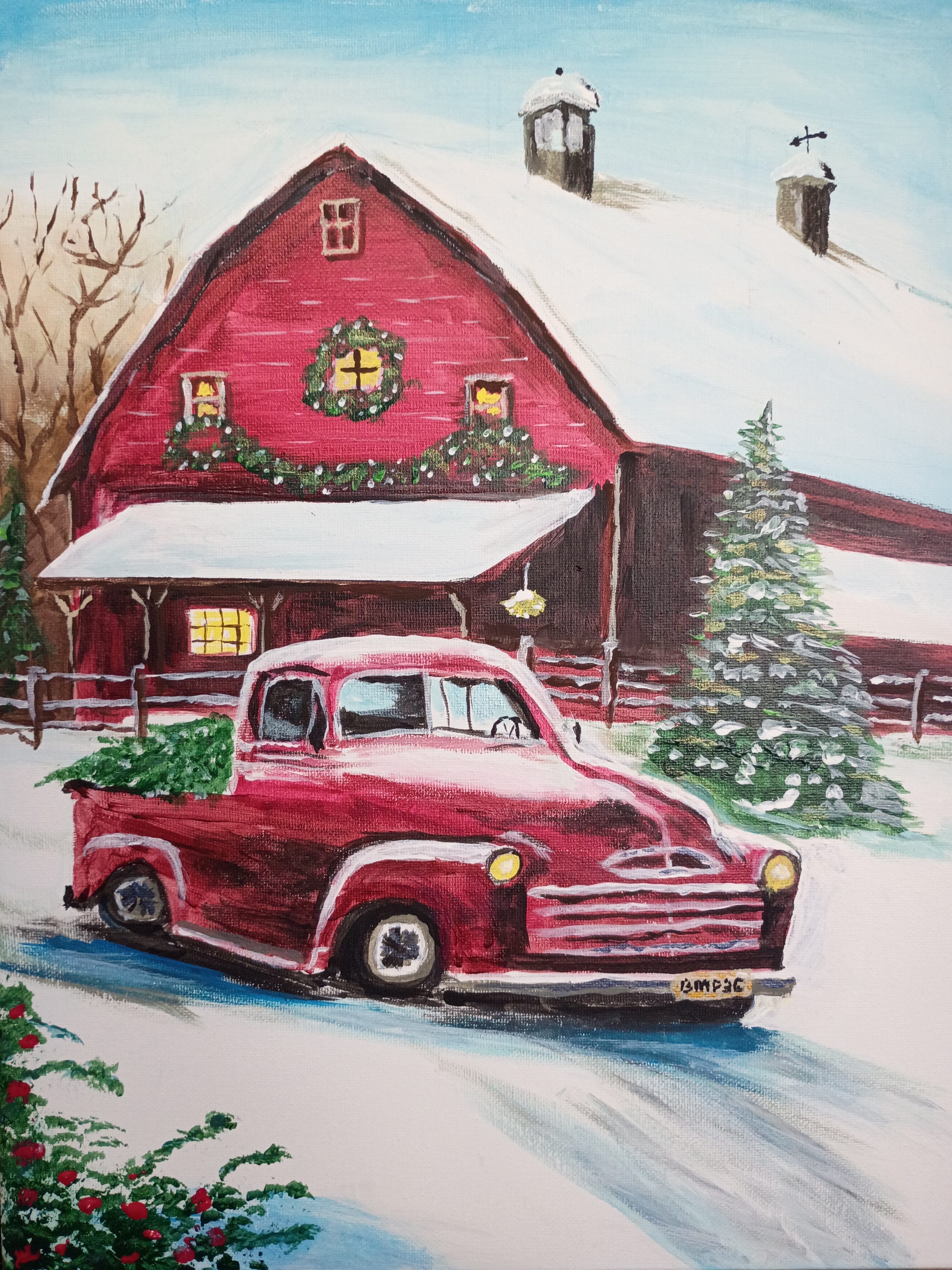 Red Barn and Red Truck painting by Bryan M. Powell