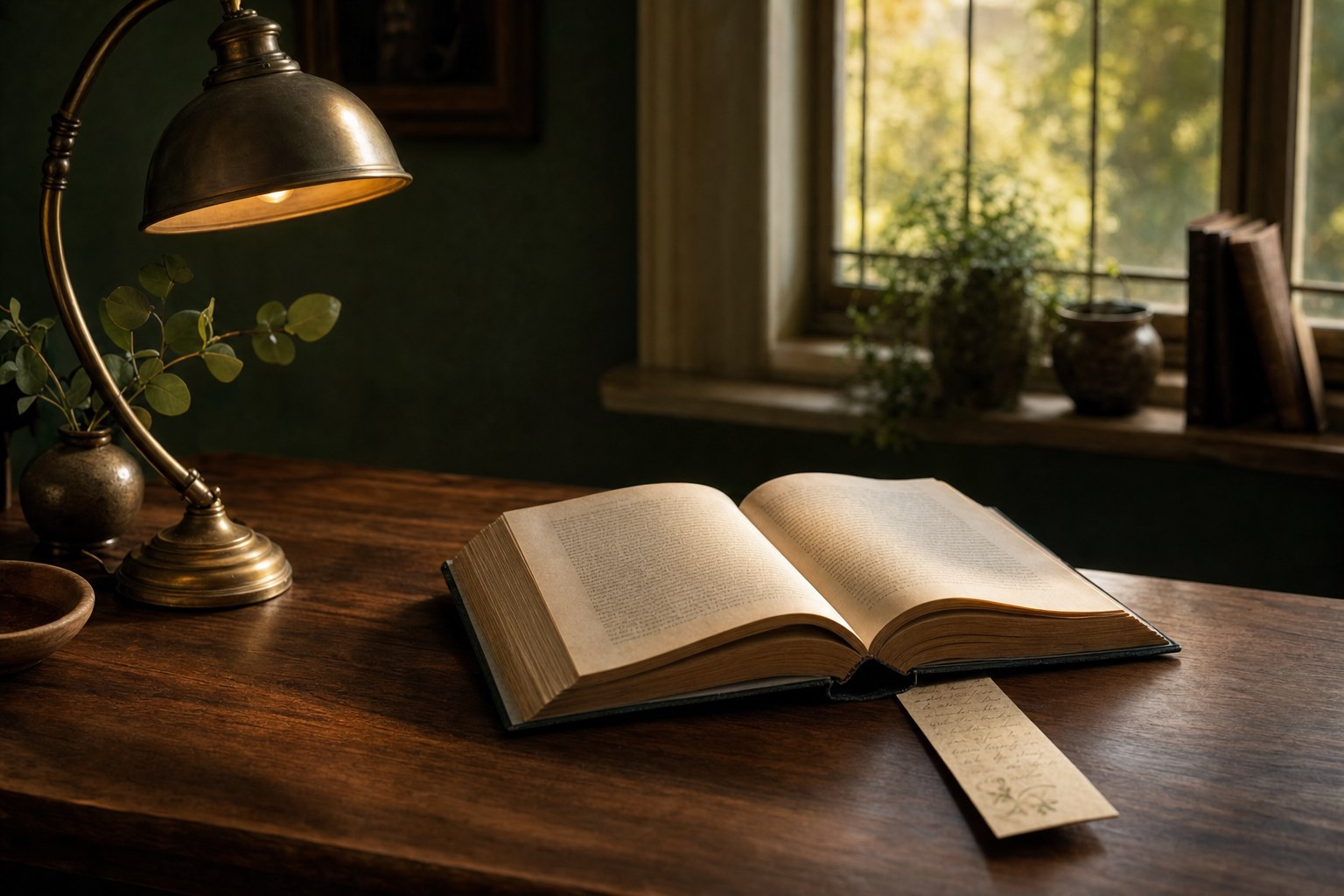Open novel on a wooden table beneath a brass reading lamp